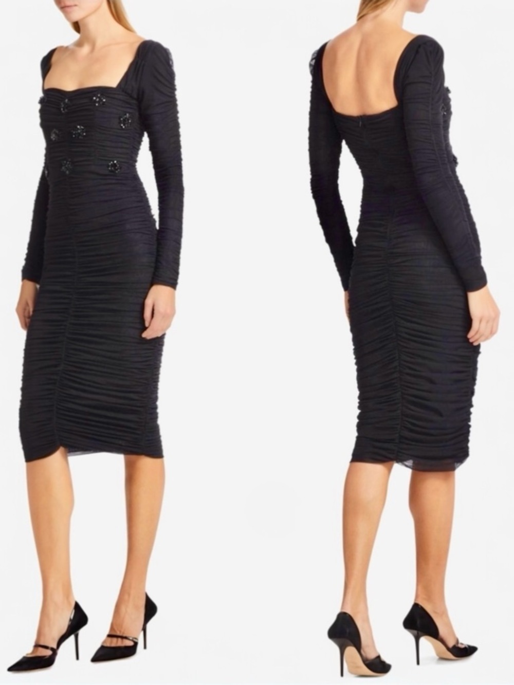 PatBO Beaded Ruched Stretch Tulle Sweetheart Neckline Long Sleeve Midi Dress NEW